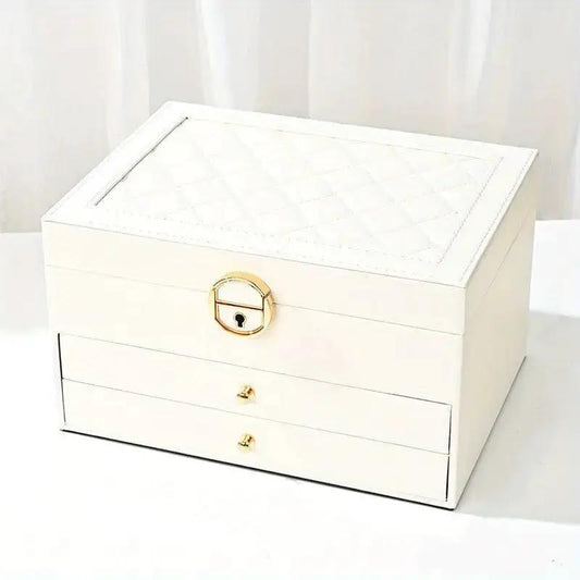 Three-layer white leather jewelry box organizer 23x17cm with quilted lid, gold-tone lock and two drawers on Tampa Home & Garden Store