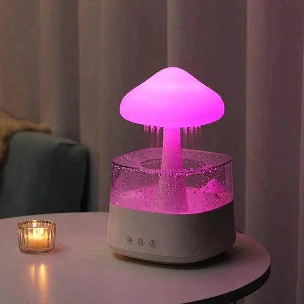 Mushroom Cloud Rain Humidifier with Night Light Moktan Sabai pink LED glow on white base on Tampa Home & Garden Store