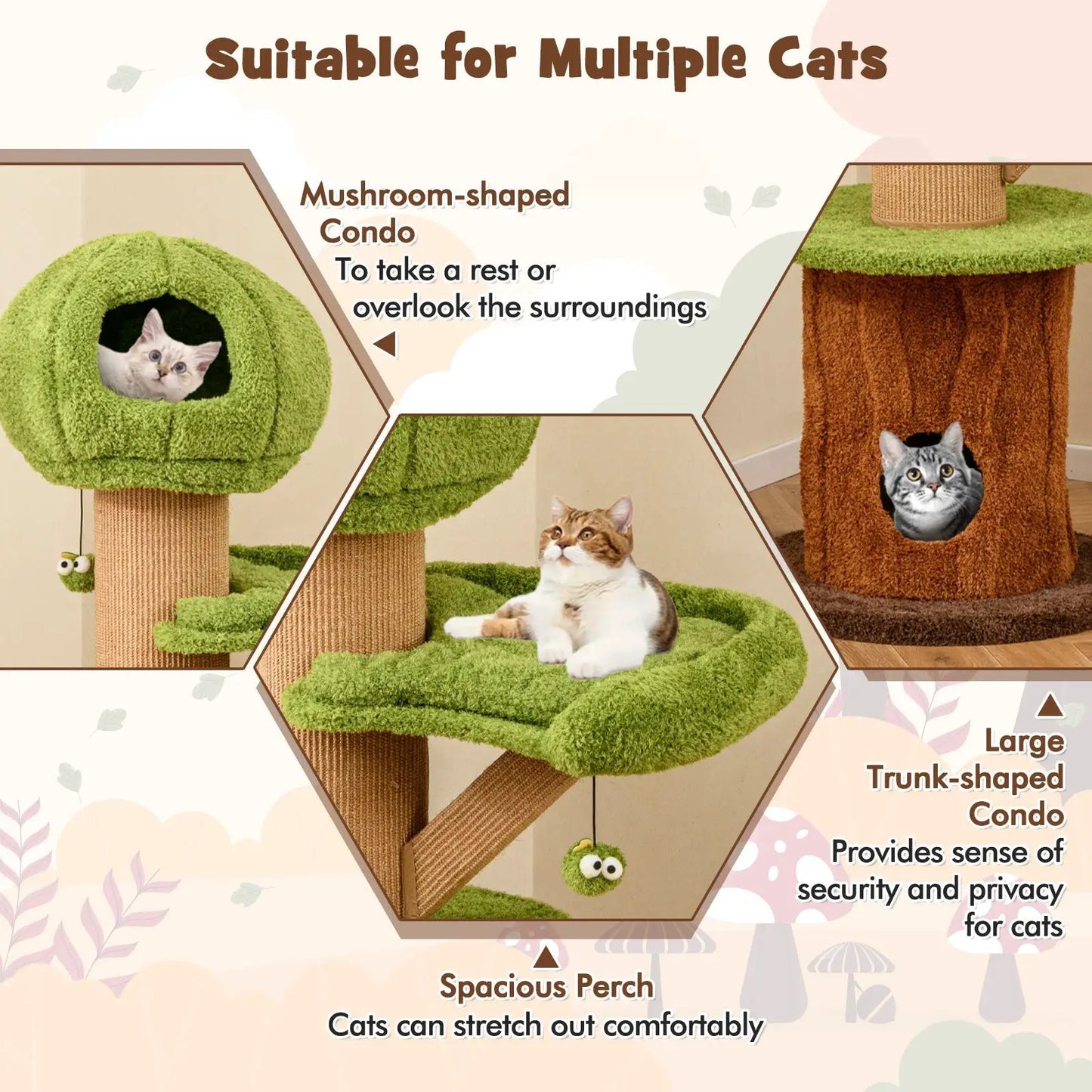 Mushroom Cat Tree For Indoor Cats Plush Perch with green plush condo on brown posts DirectDeals on Tampa Home & Garden Store