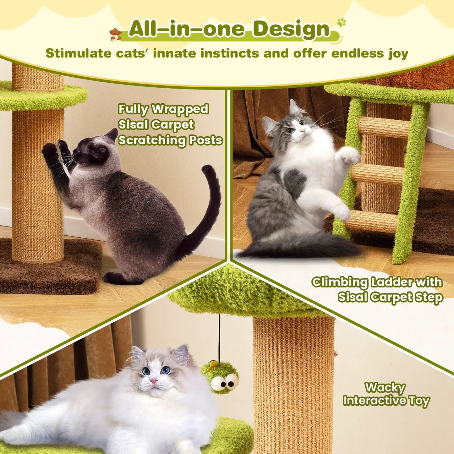 Cute Cat Tree With Mushroom Nest, beige sisal posts and green carpeted steps DirectDeals on Tampa Home & Garden Store