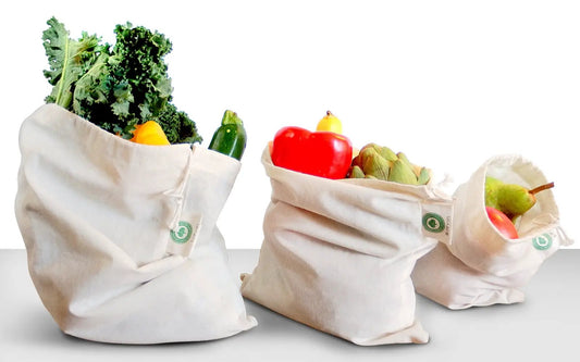 Reusable cotton muslin produce bags with kale and peppers and fruit by Organic Cotton Mart on Tampa Home & Garden Store
