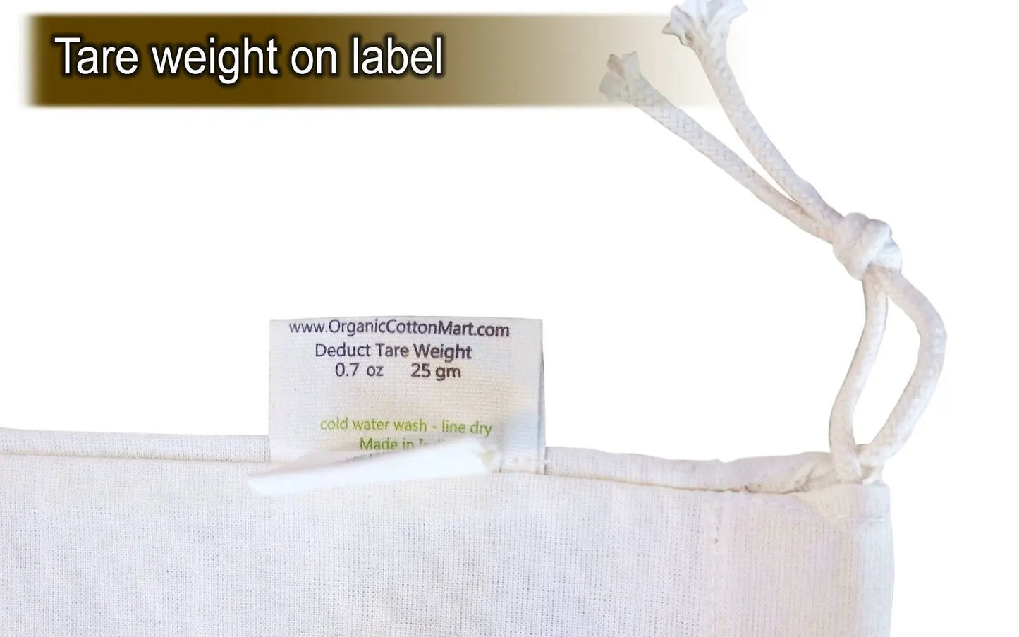Reusable cotton muslin food storage bag with tare weight label from Organic Cotton Mart on Tampa Home & Garden Store
