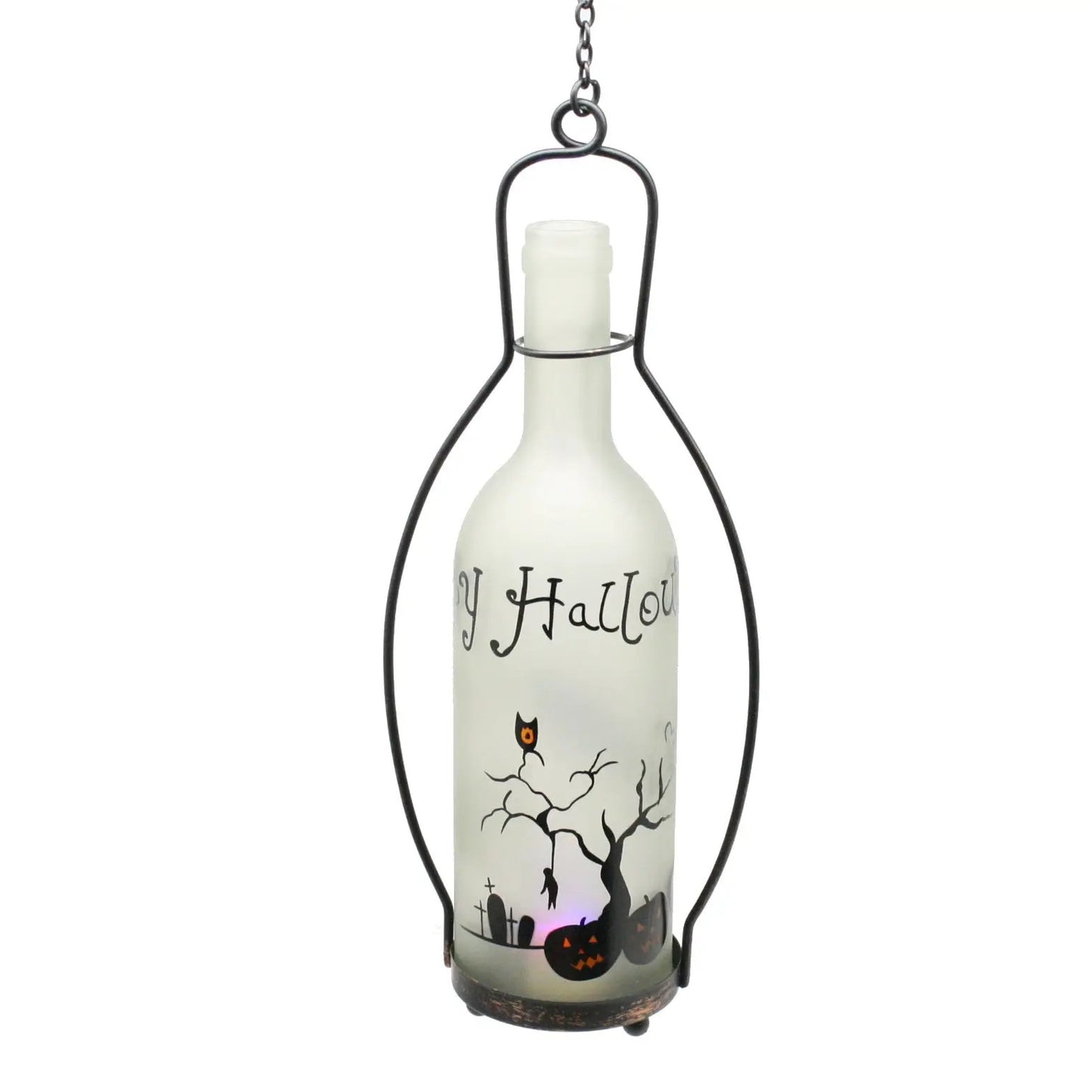 Color Changing Graveyard Glass Bottle Lantern with frosted bottle in black metal cage on Tampa Home & Garden Store