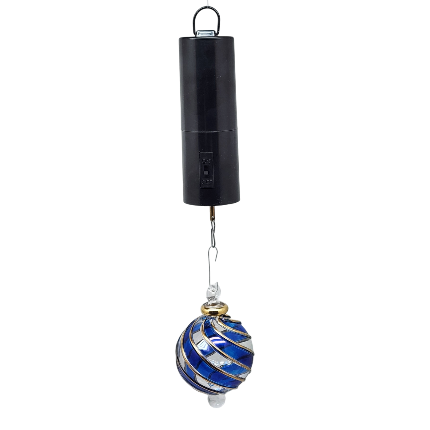 Battery Operated Spinning Ornament Hanger plastic with on/off switch suspends blue ornament on Tampa Home & Garden Store