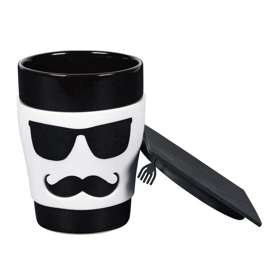 Graduate Mug with Silicone Lid for Him black lid, white sleeve with sunglasses mustache on Tampa Home & Garden Store