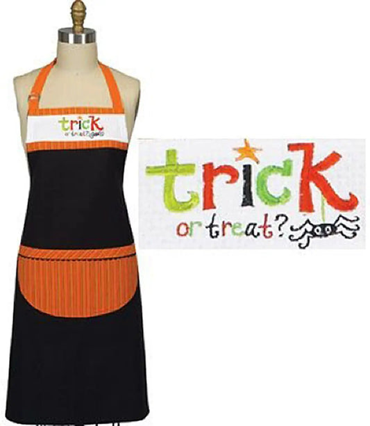 Sassy Trick or Treat Embroidered Chef Apron with orange trim and orange striped pocket on Tampa Home & Garden Store