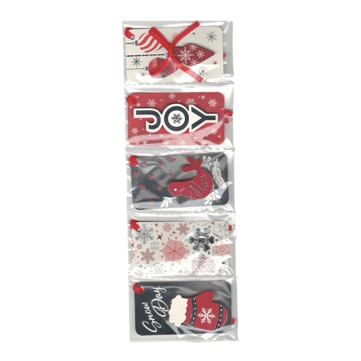 Handmade Gift Tags 5 Count - Silver and Red Icons