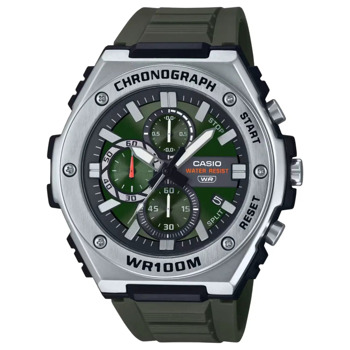 Casio Men's Bold chronograph watch with green dial, stainless steel bezel and olive strap on Tampa Home & Garden Store