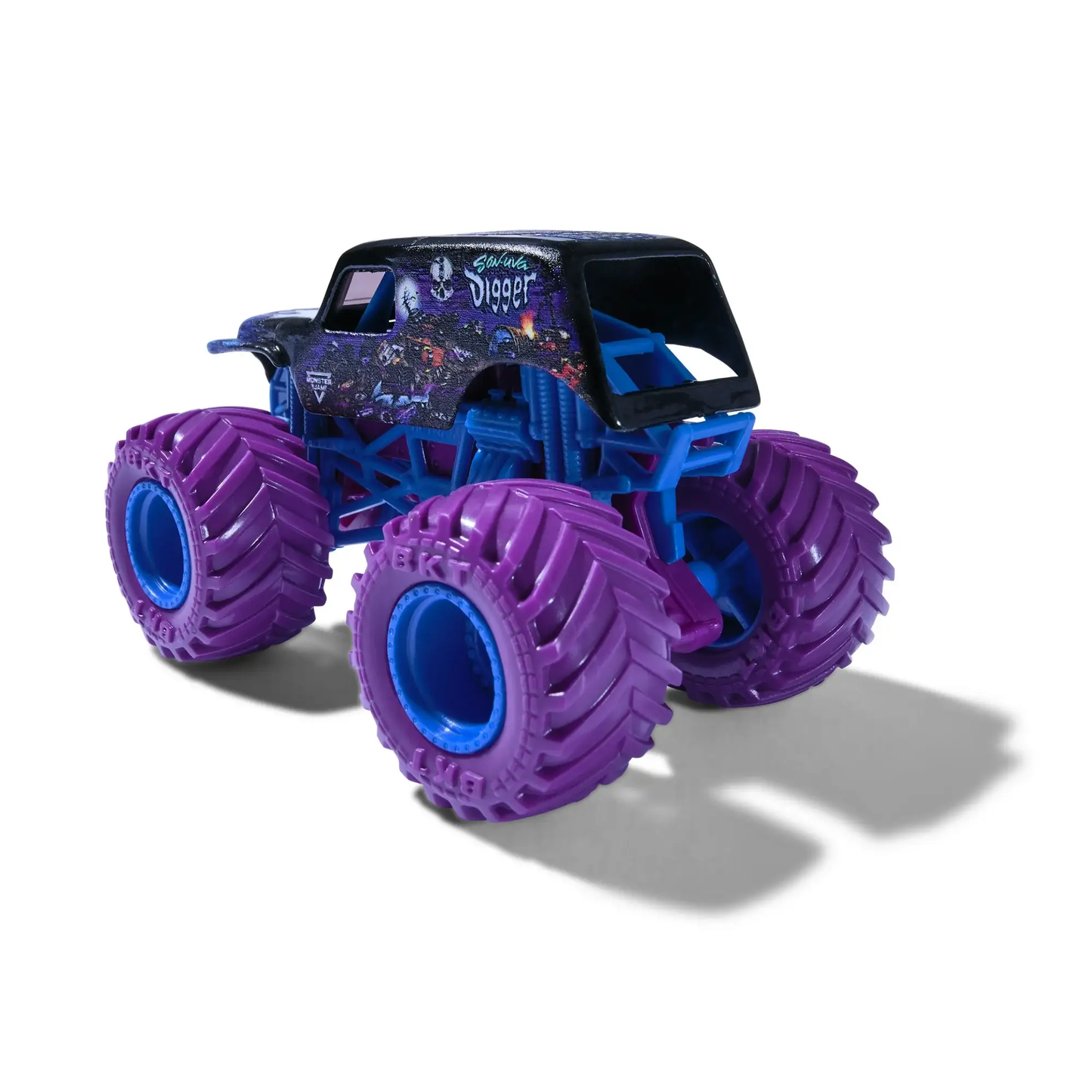 Monster Jam 1:64 scale Son-Uva Digger die-cast monster truck with purple wheels and blue chassis on Tampa Home & Garden Store