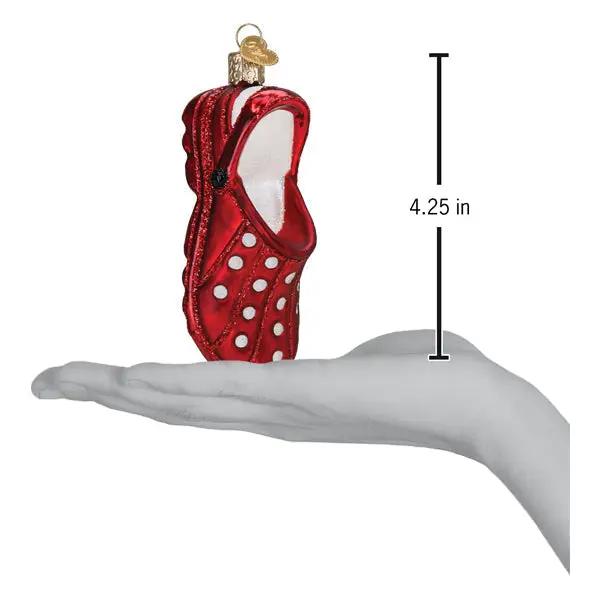 Red glass clog ornament with white polka dots and gold hanger by The Country Christmas Loft on Tampa Home & Garden Store