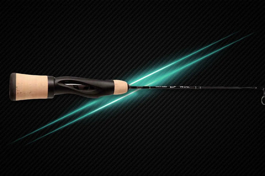 Myriad ice fishing rod for cold weather by Denali, black rod with cork handle and teal accent on Tampa Home & Garden Store