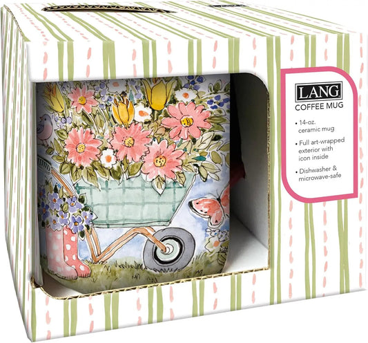 Joy of Life 14oz LANG ceramic mug in gift box with pink daisies and tulips on Tampa Home & Garden Store