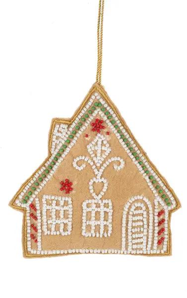 Beaded Gingerbread House Ornament Candy Cane; beige house with beads on Tampa Home & Garden Store