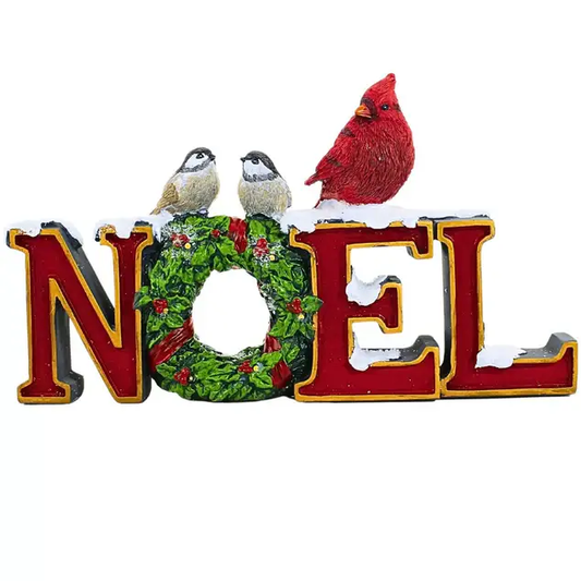 Lighted Noel Tabletop Figurine with holly wreath and red-gold NOEL letters, 3 perched birds on Tampa Home & Garden Store