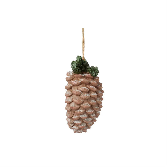 Highland Glen Pinecone Cardinal Ornament pink frosted pinecone with green top and jute hanger on Tampa Home & Garden Store