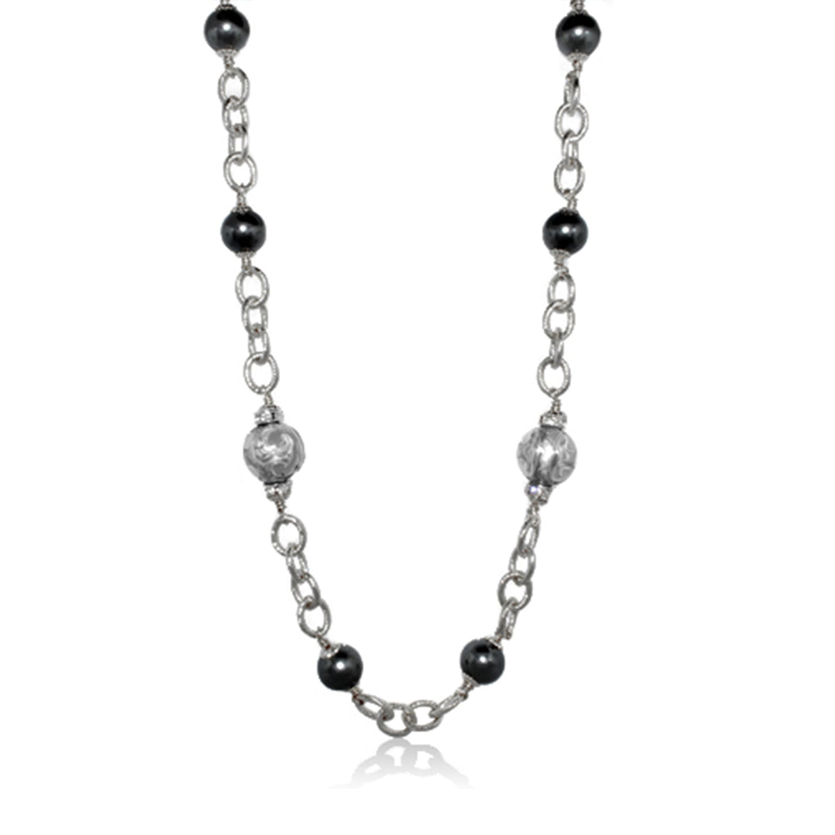 Beautiful Blossom Necklace by Lauren G Adams, double-strand silver chain with gunmetal beads on Tampa Home & Garden Store