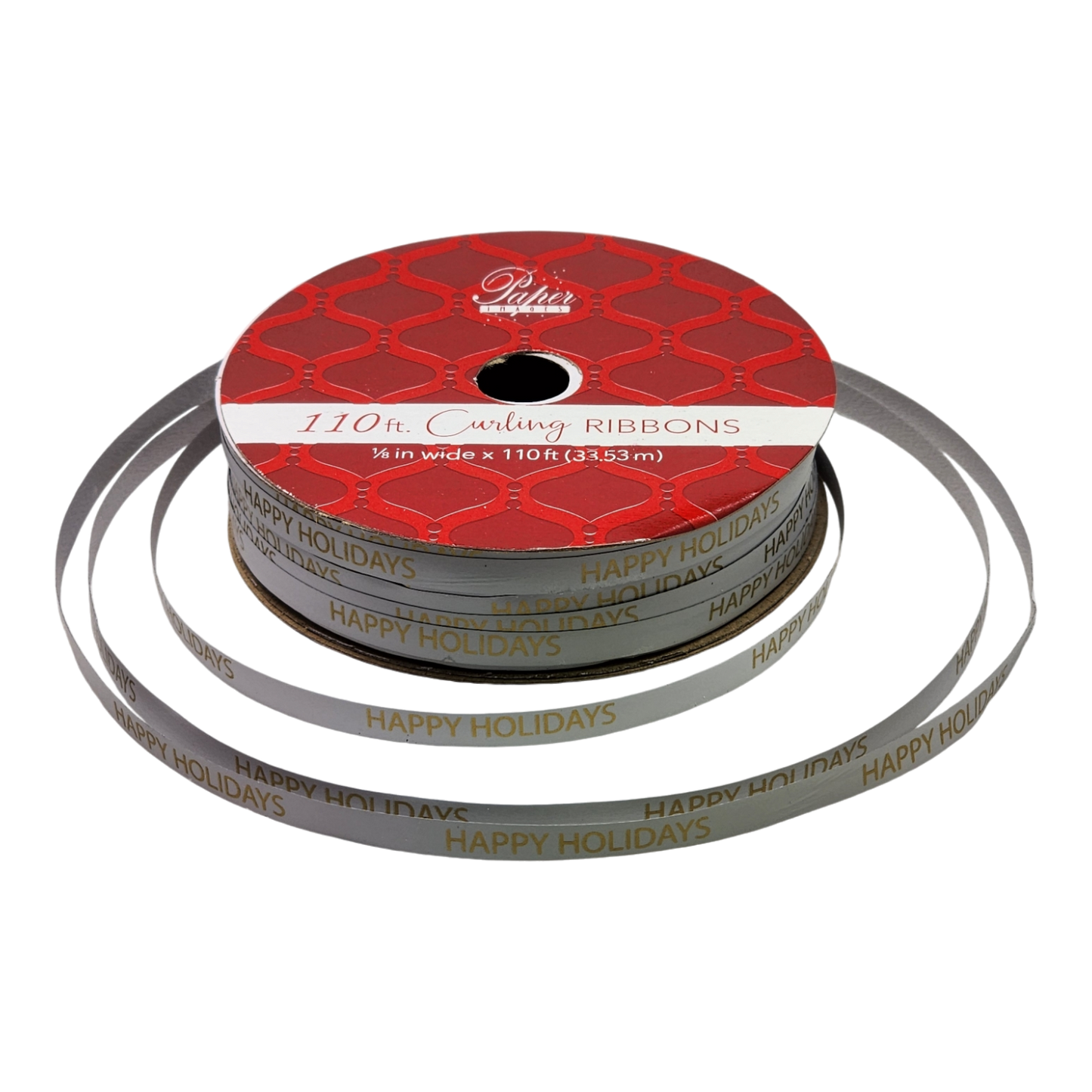 White and Gold Happy Holidays curling ribbon spool, 110 ft, silver with gold text on Tampa Home & Garden Store