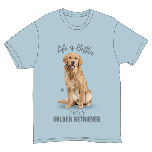 Life Is Better With a Golden Retriever T-shirt, light blue unisex tee with golden retriever graphic on Tampa Home & Garden Store