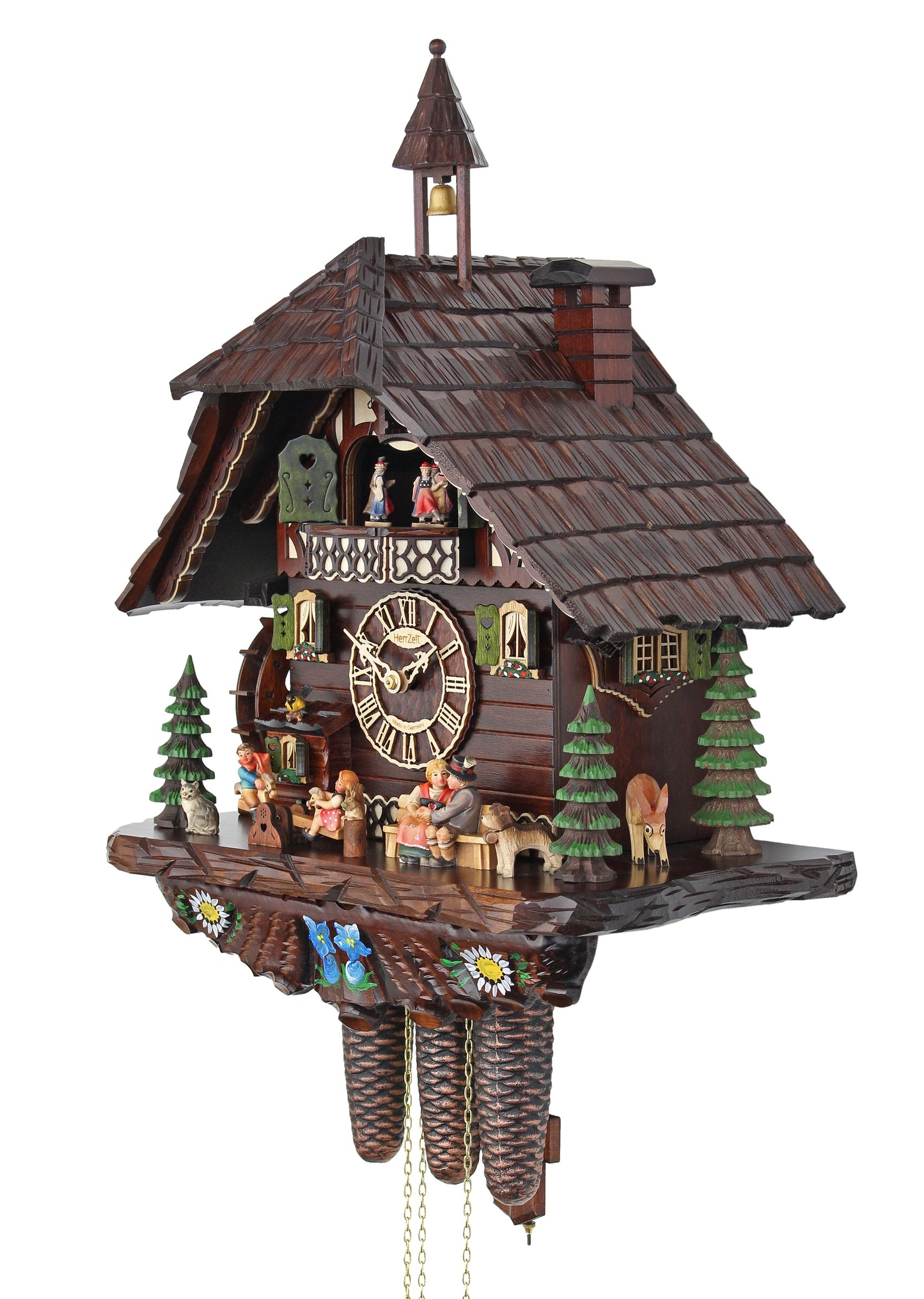 Handmade Grand Black Forest Cuckoo Clock with dark wood shingles and village figurines on Tampa Home & Garden Store