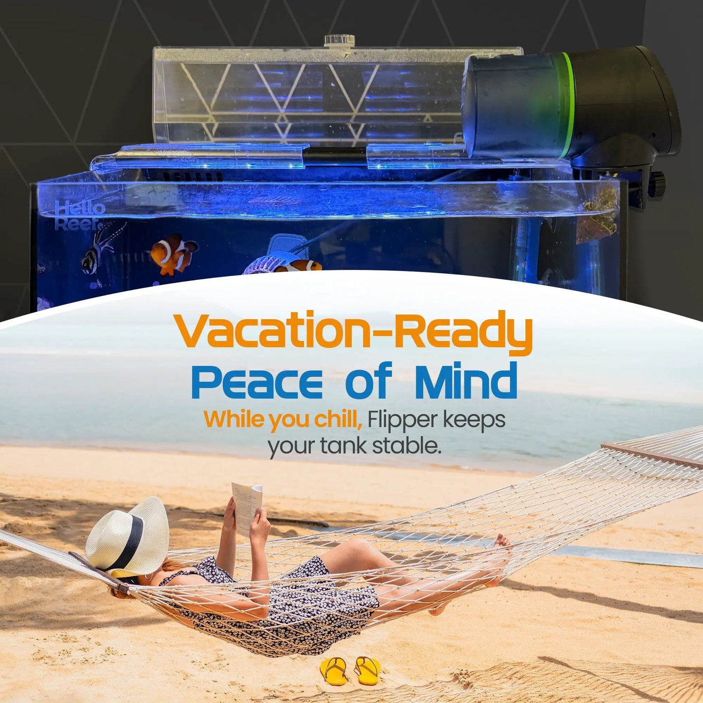 Flipper ATO Reservoir for Reef Tanks vacation banner: hammock on beach with hat and sandals on Tampa Home & Garden Store