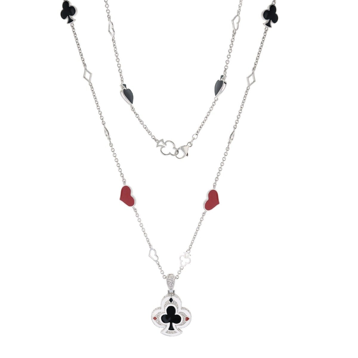 Players Club Necklaces by Lauren G Adams layered silver chain with red hearts, black clubs enamel charms and a clover pendant on Tampa Home & Garden Store