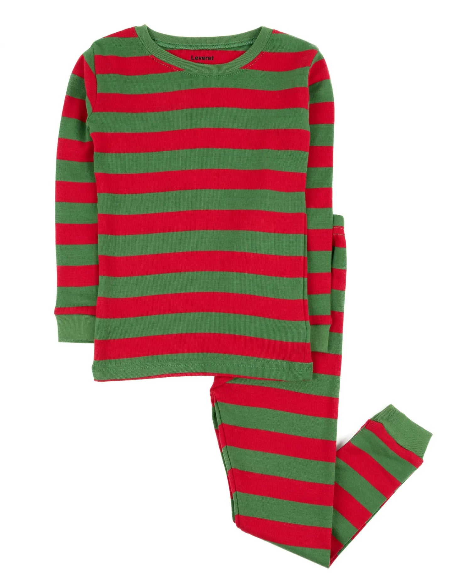 Kids two-piece cotton pajamas set red and green striped long-sleeve top and pants on Tampa Home & Garden Store
