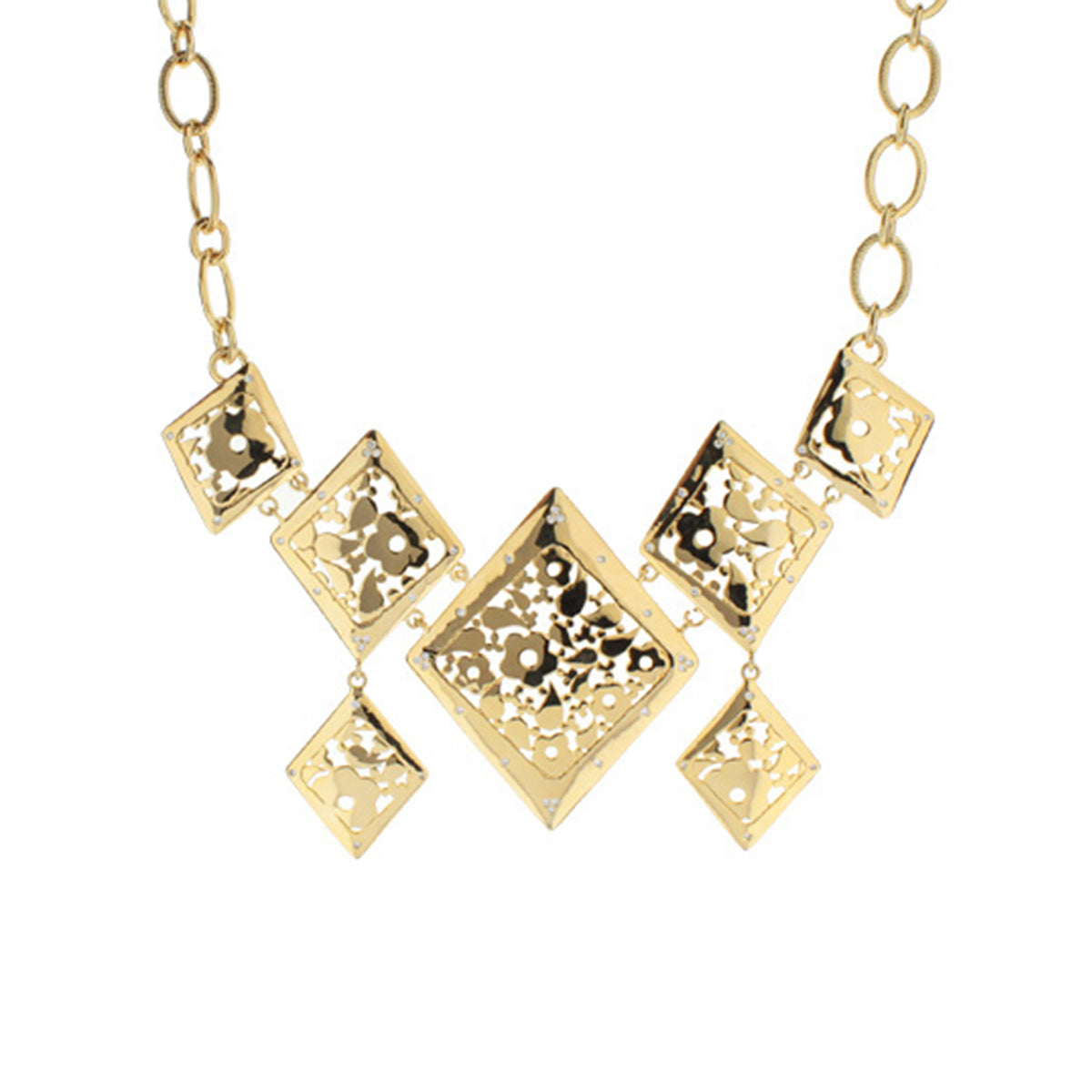 Flowers by Orly Necklace by Lauren G Adams, gold-tone square filigree pendants with floral cuts on Tampa Home & Garden Store