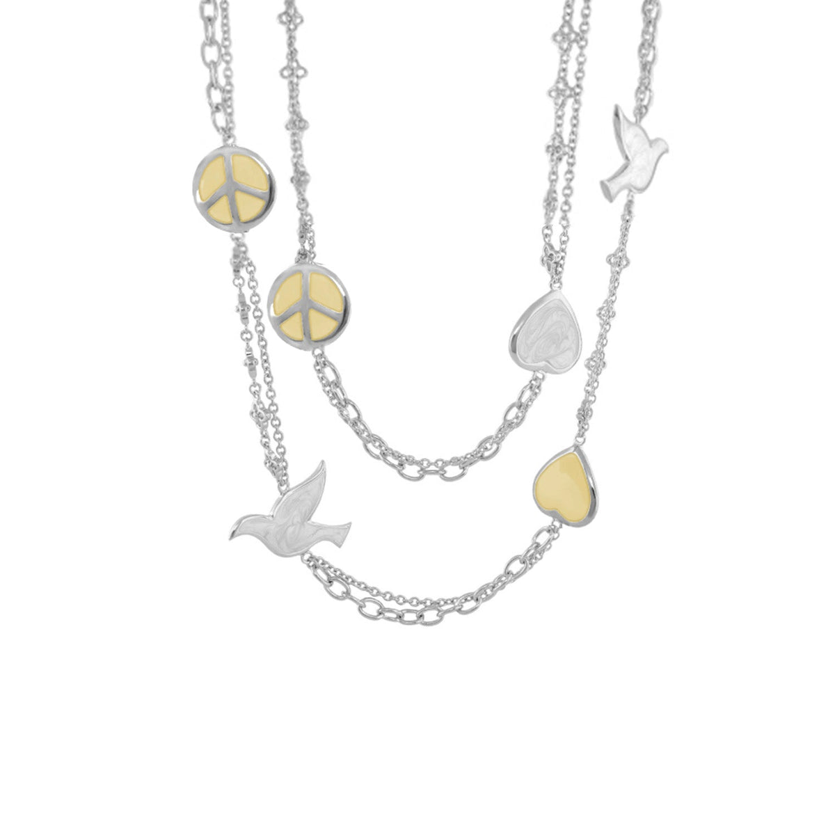 Peace And Dove Double Chain Necklace long necklace with silver-tone chains and yellow enamel peace signs by Lauren G Adams on Tampa Home & Garden Store