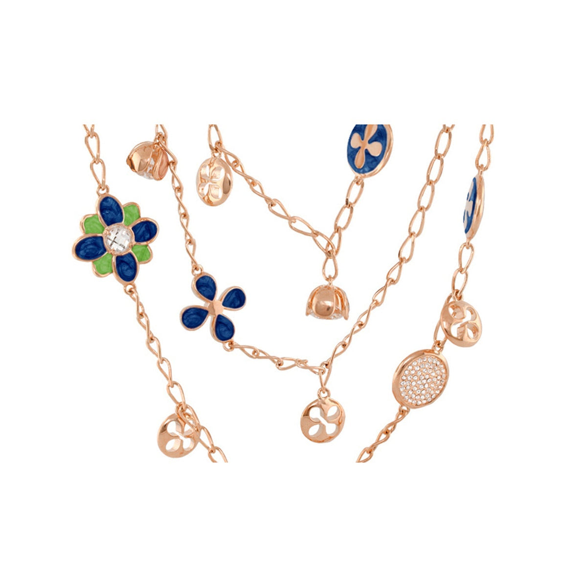 Beautiful Blossom Multi Chain Necklace rose gold with blue enamel flowers and clover charms on Tampa Home & Garden Store