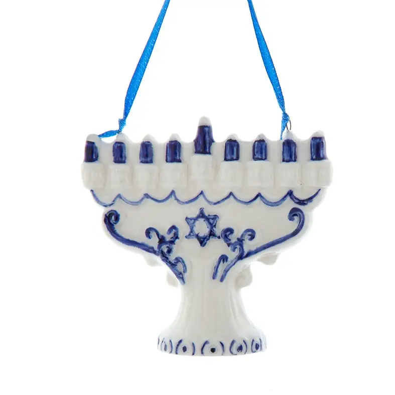 Porcelain Hanukkah menorah ornament with blue candle detailing and Star of David motif on Tampa Home & Garden Store