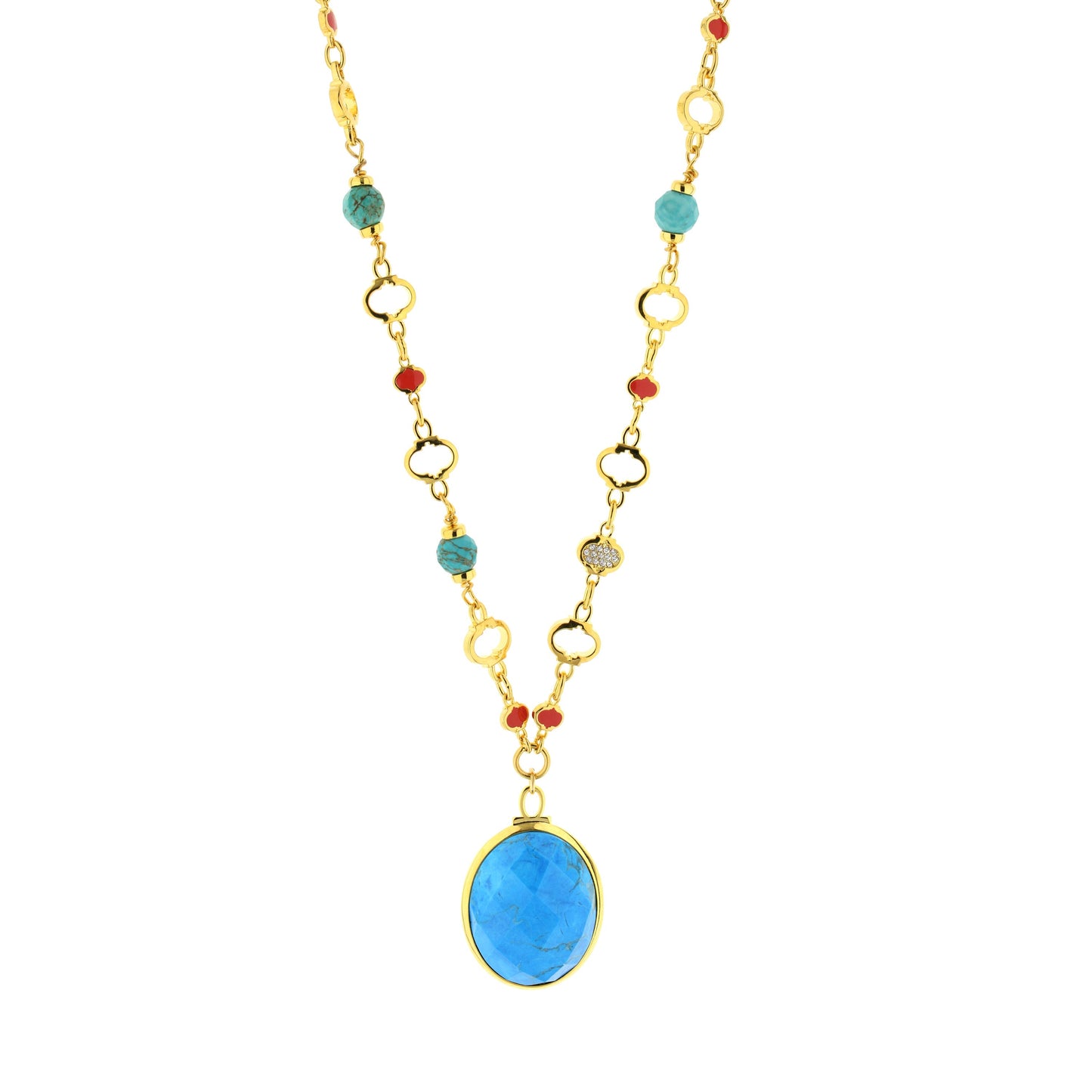 Dragon Lady Necklace pendant gold-tone chain with turquoise beads and blue gemstone pendant on Tampa Home & Garden Store