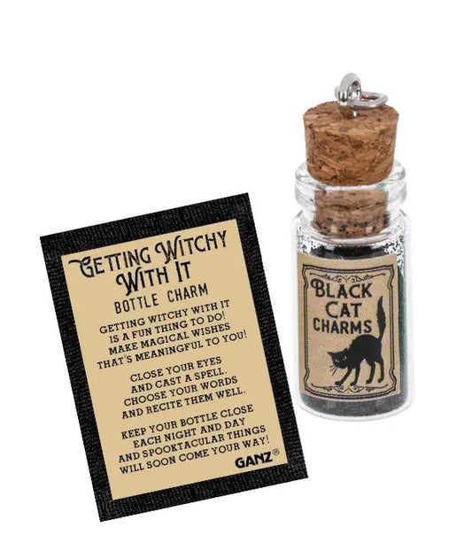 Witchy Bottle Charm set: glass bottle with cork, glitter potion, Black Cat Charms GANZ on Tampa Home & Garden Store