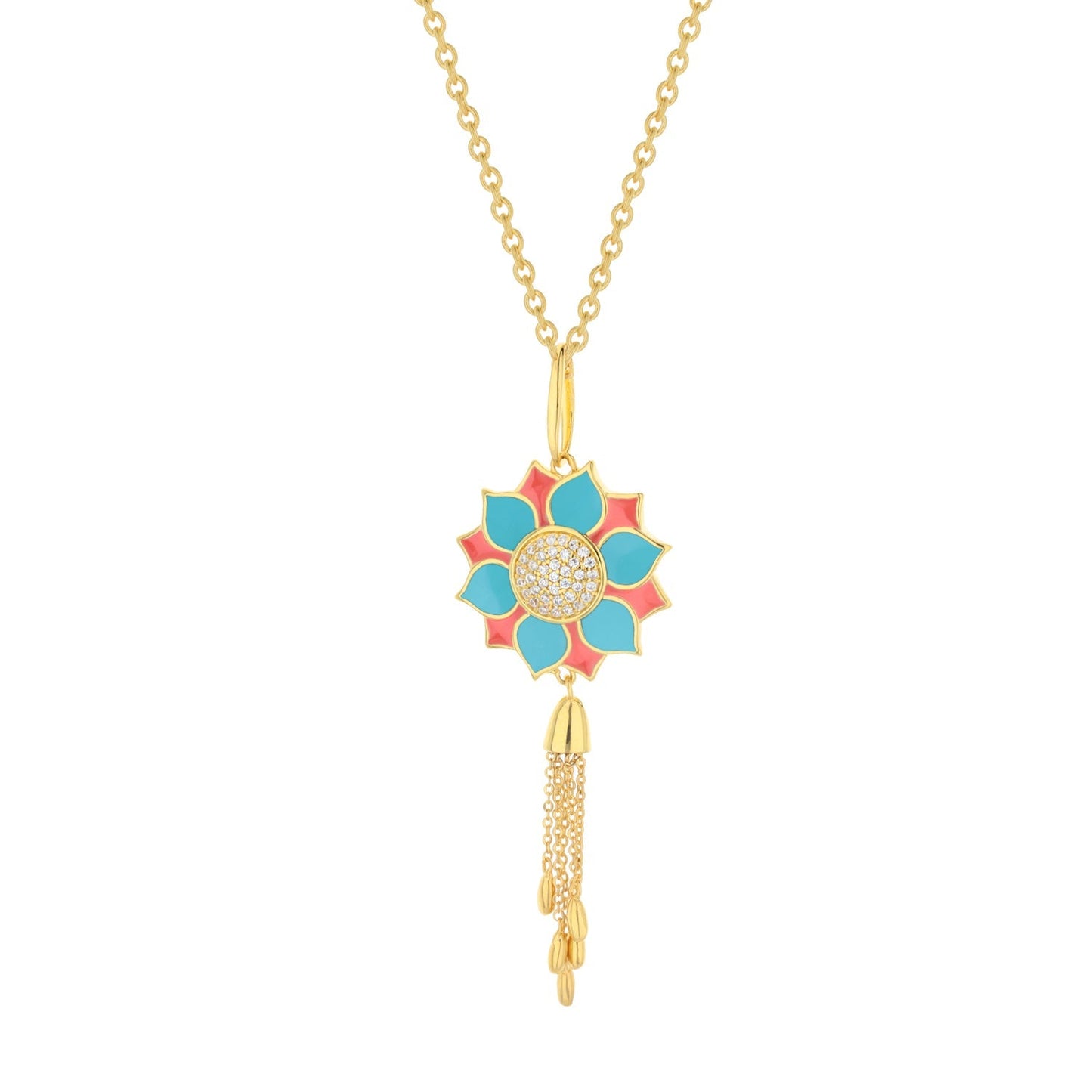Destiny Necklace by Lauren G Adams, gold flower with petals and diamond center on tassel chain on Tampa Home & Garden Store