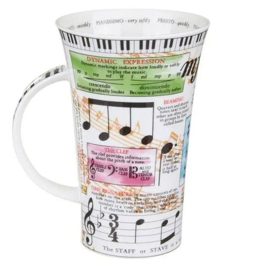 Fine bone china music mug Glencoe style with piano keyboard rim and colorful score panels on Tampa Home & Garden Store