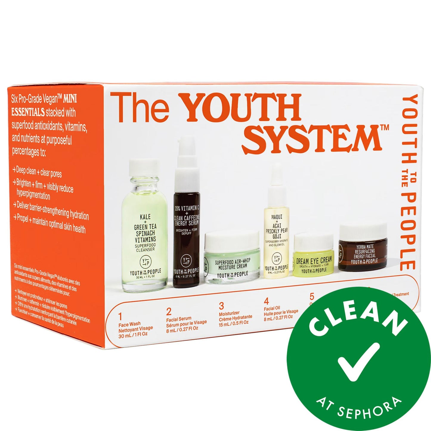 The Youth System vegan skincare set 6-piece starter kit in orange packaging with bottles on Tampa Home & Garden Store