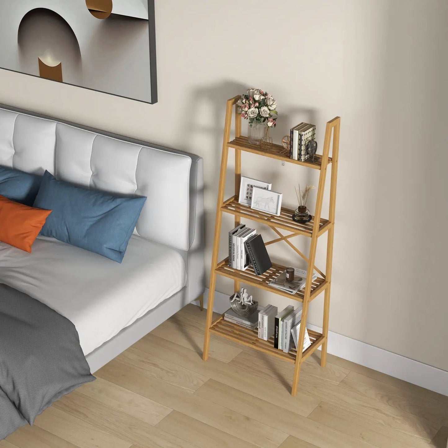 4-Tier Bamboo Ladder Bookshelf 58in natural bamboo by DirectDeals in bedroom with books on Tampa Home & Garden Store