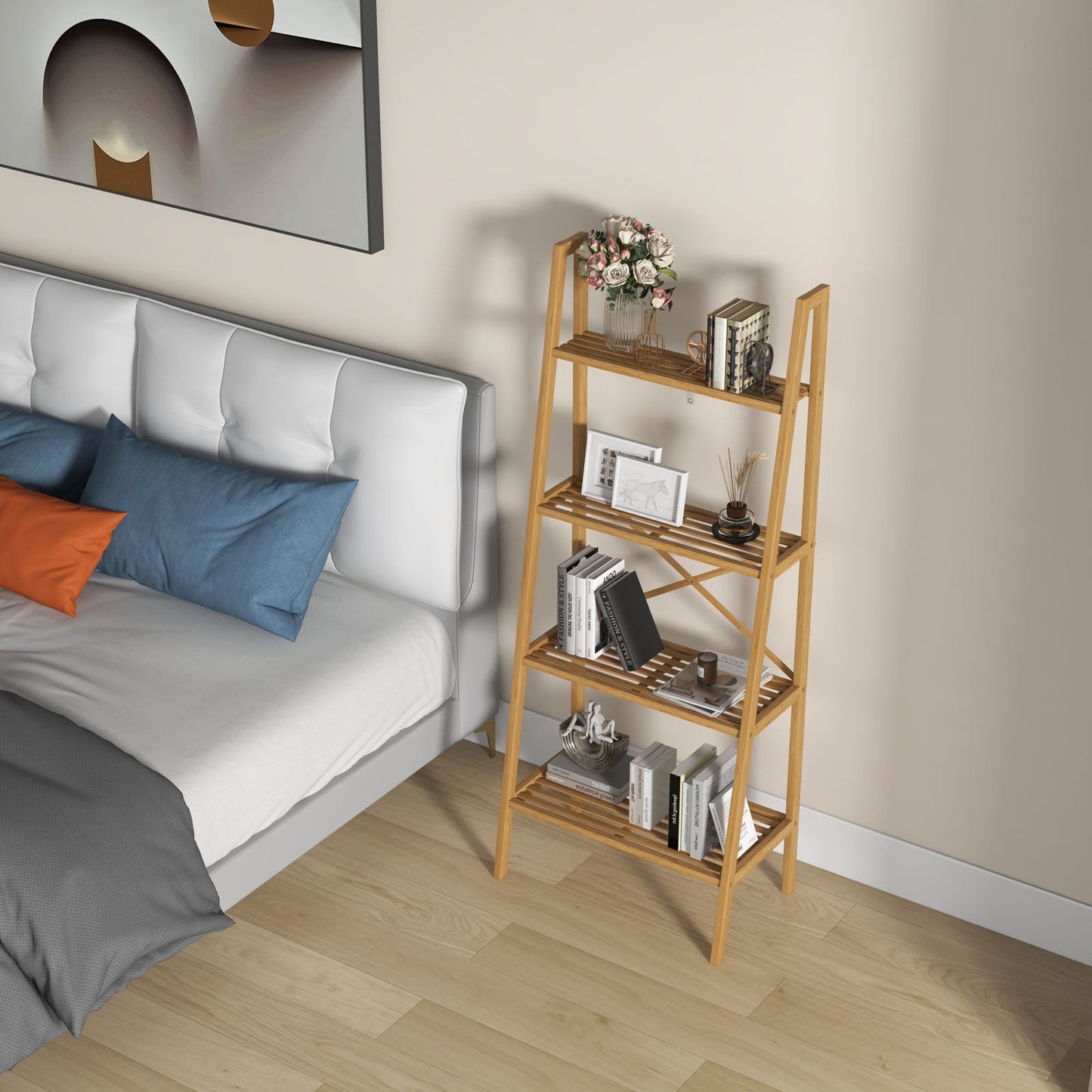 Bamboo Ladder Bookshelf Four Tier Natural