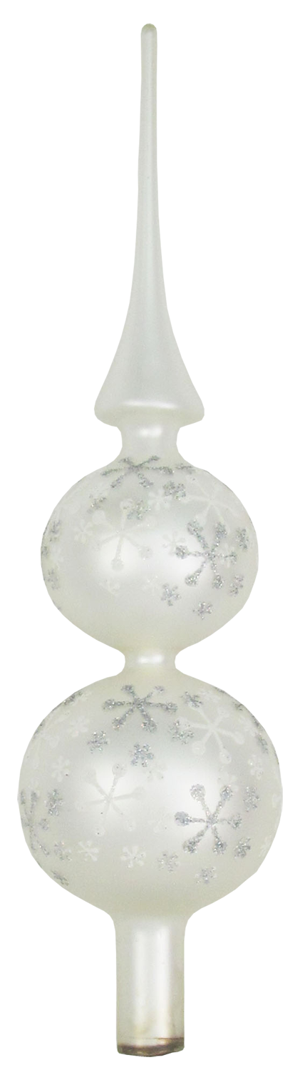 Glass 13in treetop finial with frosted matte silver finish and glitter snowflakes on Tampa Home & Garden Store