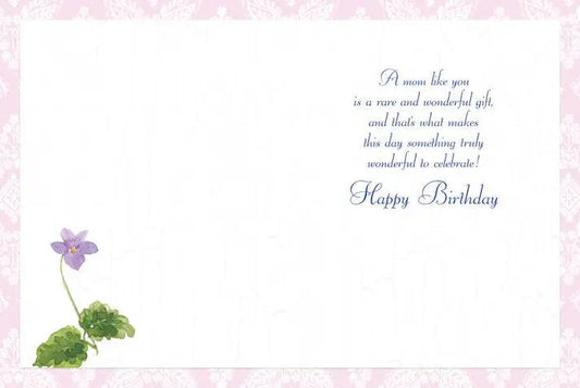 Greeting card Mom's Beautiful Bouquet Birthday Card with foil; purple flower, green leaves, pink border on Tampa Home & Garden Store
