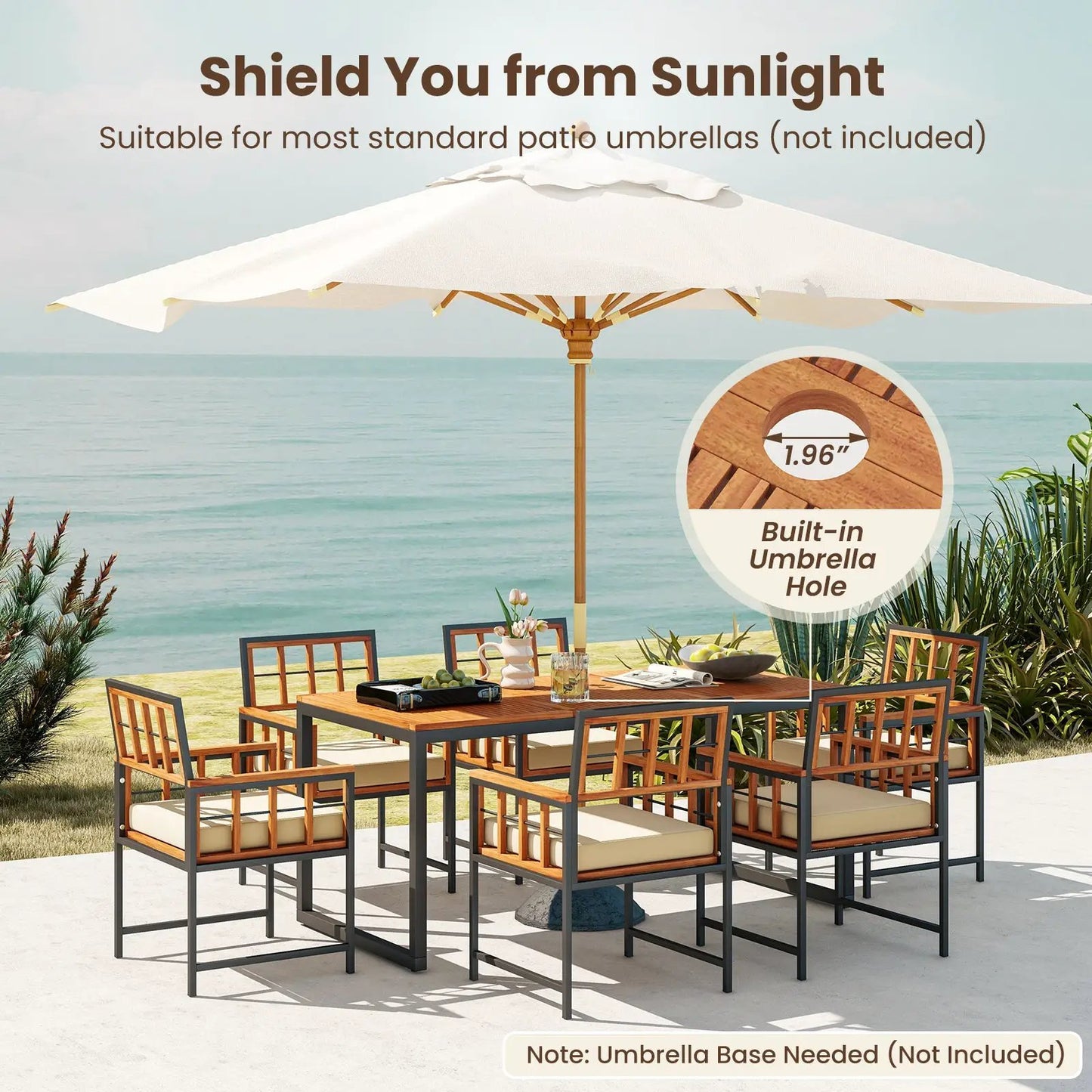 7-Piece Acacia Wood Patio Dining Set with beige Cushions and Built-in Umbrella Hole on Tampa Home & Garden Store