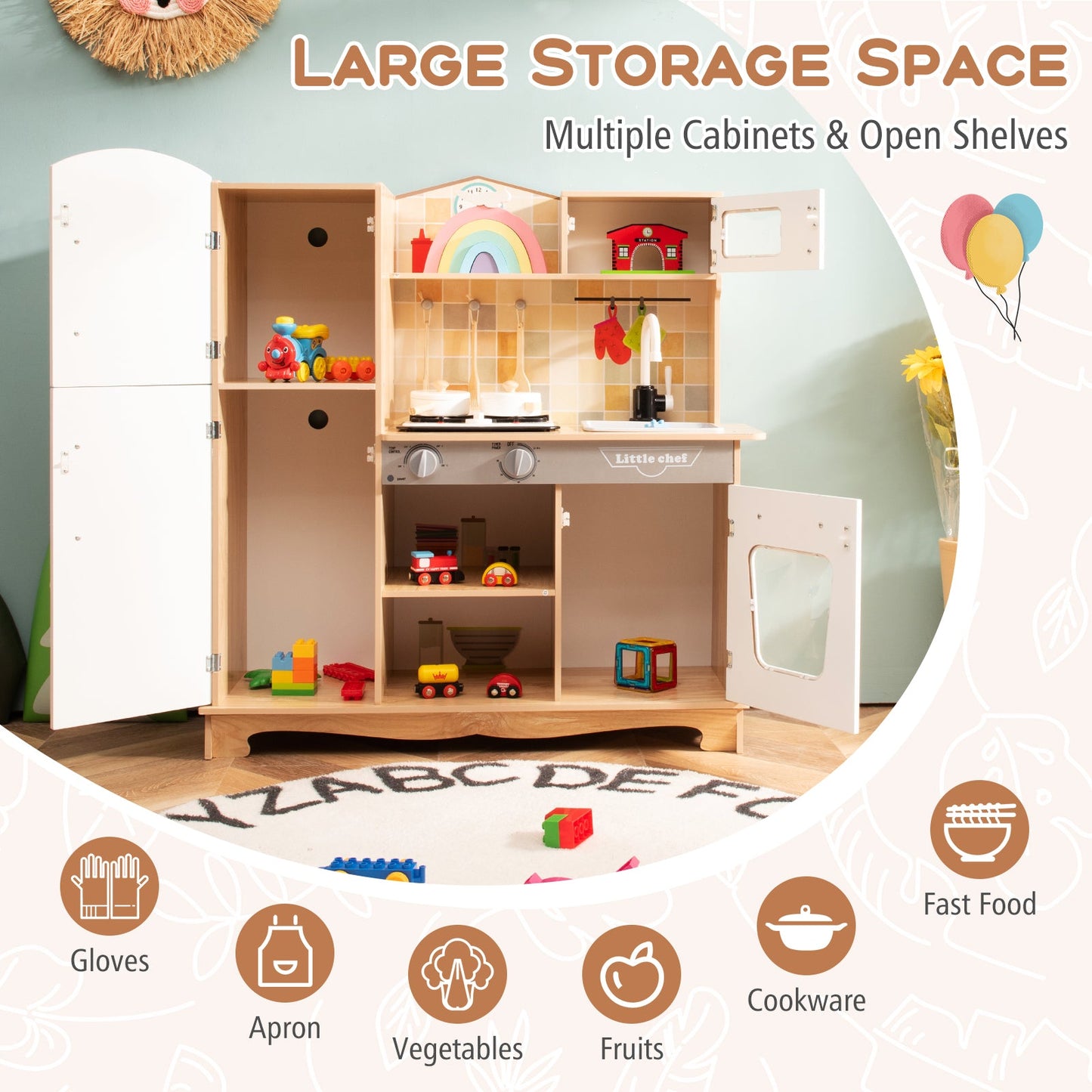Wooden kids kitchen playset with utensils, stove and open shelves DirectDeals on Tampa Home & Garden Store