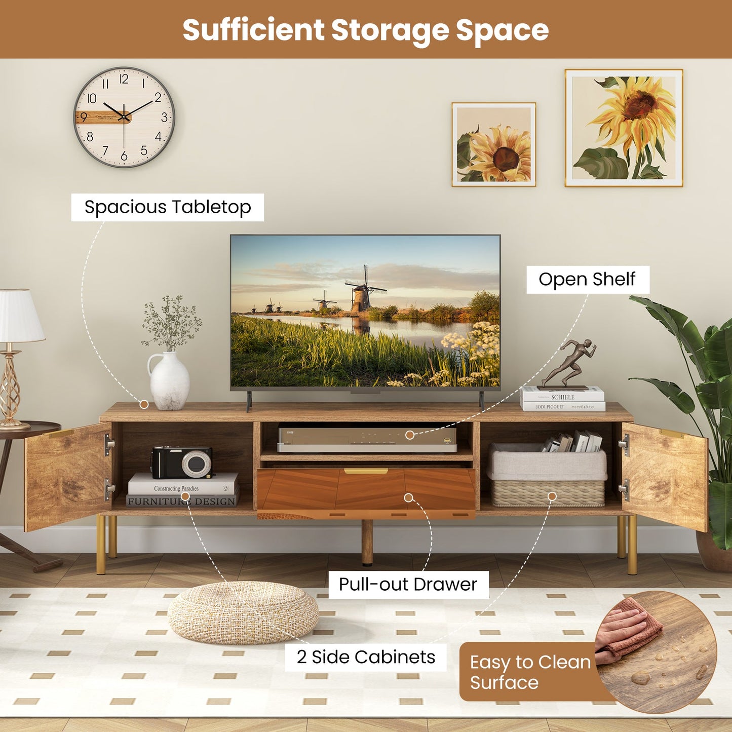 Mueble de TV con espejo para televisores de hasta 65 pulgadas con amplia superficie y 2 armarios de almacenamiento - Natural