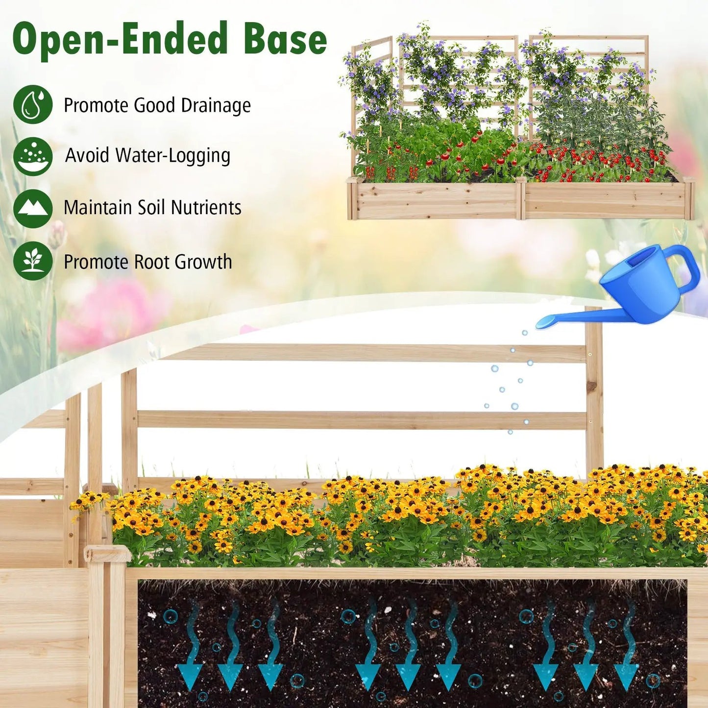 Raised garden bed with 2 planter boxes and 3 trellises in natural wood, DirectDeals on Tampa Home & Garden Store