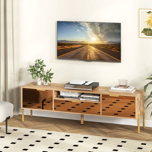 Mirrored TV Stand natural wood with woven cane cube storage for 65 inch TV DirectDeals on Tampa Home & Garden Store