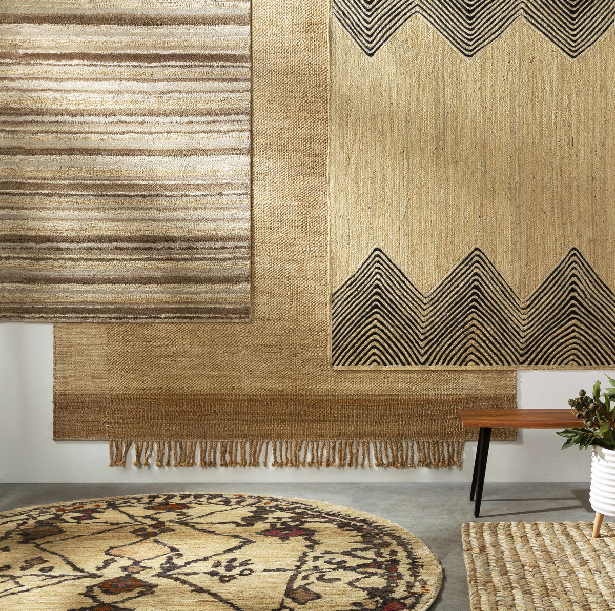 Neeses Premium Jute Rug by Boutique Rugs, natural beige woven with fringe in a rug set on Tampa Home & Garden Store
