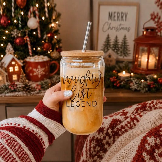 Naughty Legend 17oz glass cup with bamboo lid and stainless steel straw on Tampa Home & Garden Store
