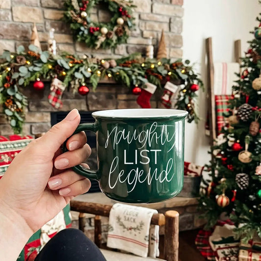 Naughty Legend Campfire Mug in green by Gia Roma with white script, coffee mug for holidays on Tampa Home & Garden Store