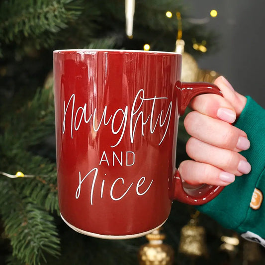 Naughty and Nice Christmas ceramic coffee mug red with white script text Gia Roma on Tampa Home & Garden Store