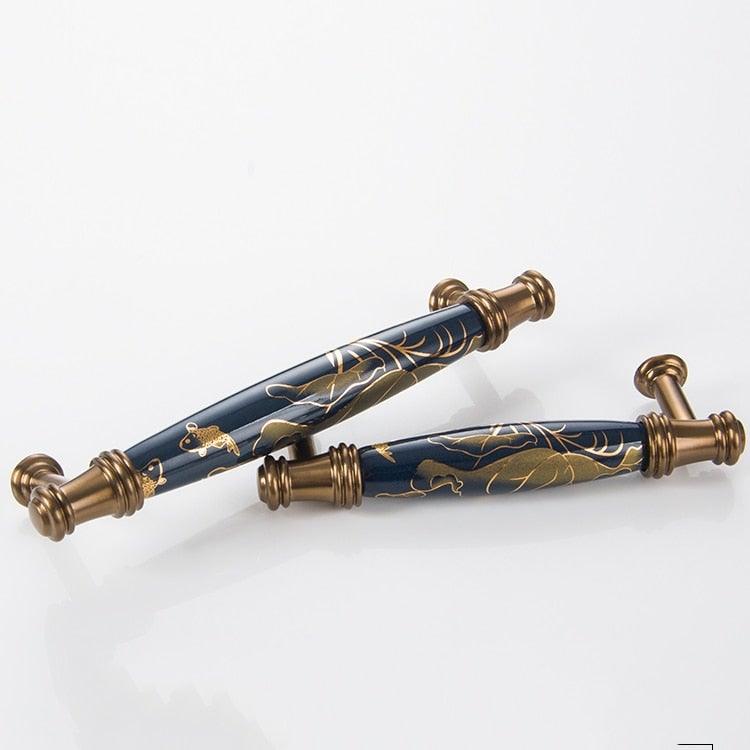 Stevvex navy blue ceramic door handle lever set (2) with brass ends, antique style pulls on Tampa Home & Garden Store
