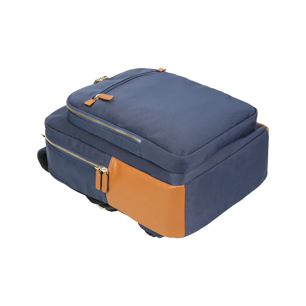 Nylon and Leather Laptop Backpack Navy Brown gold zippers on Tampa Home & Garden Store